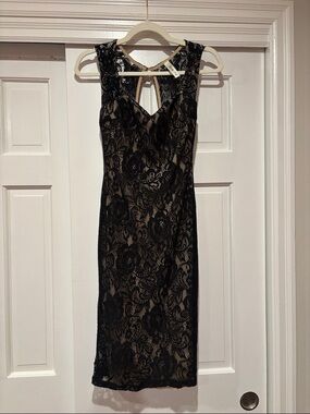 Sleeveless Black Lace Midi Dress with Nude Underlay